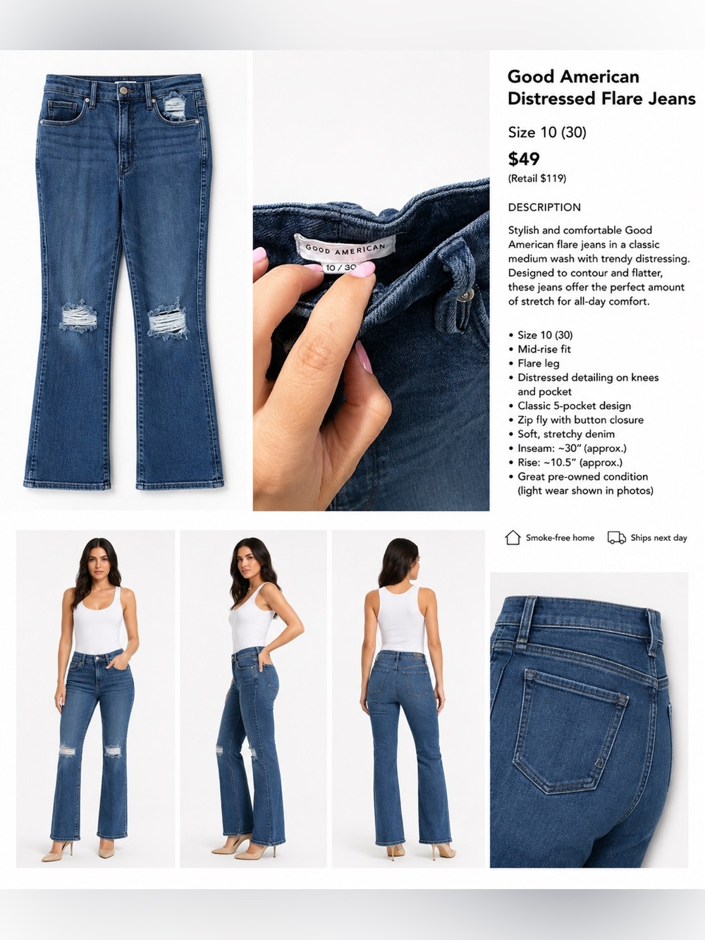 Good American Blue Distressed Flare Jeans
